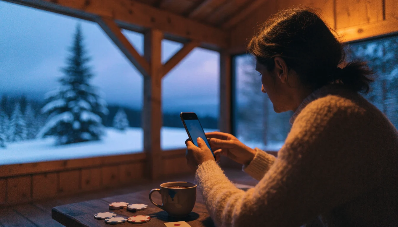 Person ved et bord i en norsk hytte med telefon, casinobrikker og kopp kakao