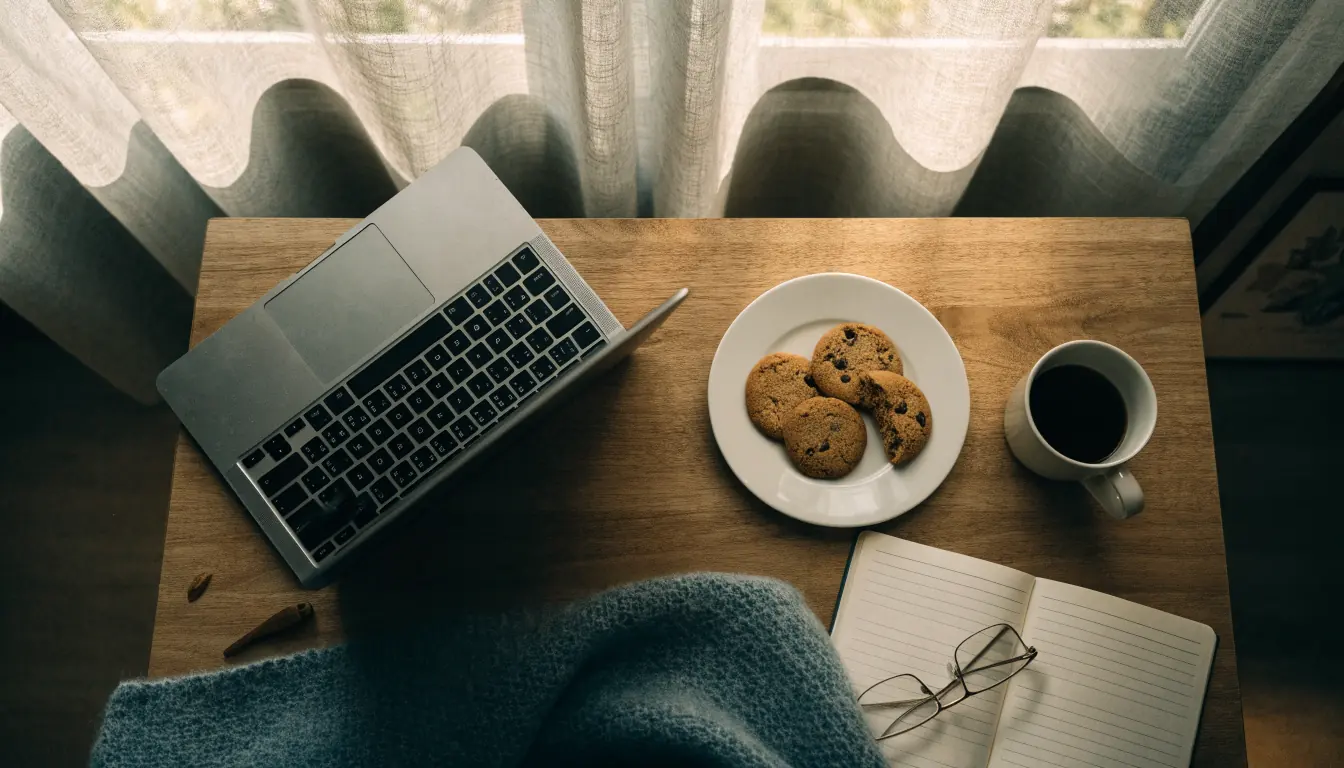 Hjemmekontor med bærbær PC, informasjonskapsler og kaffe
