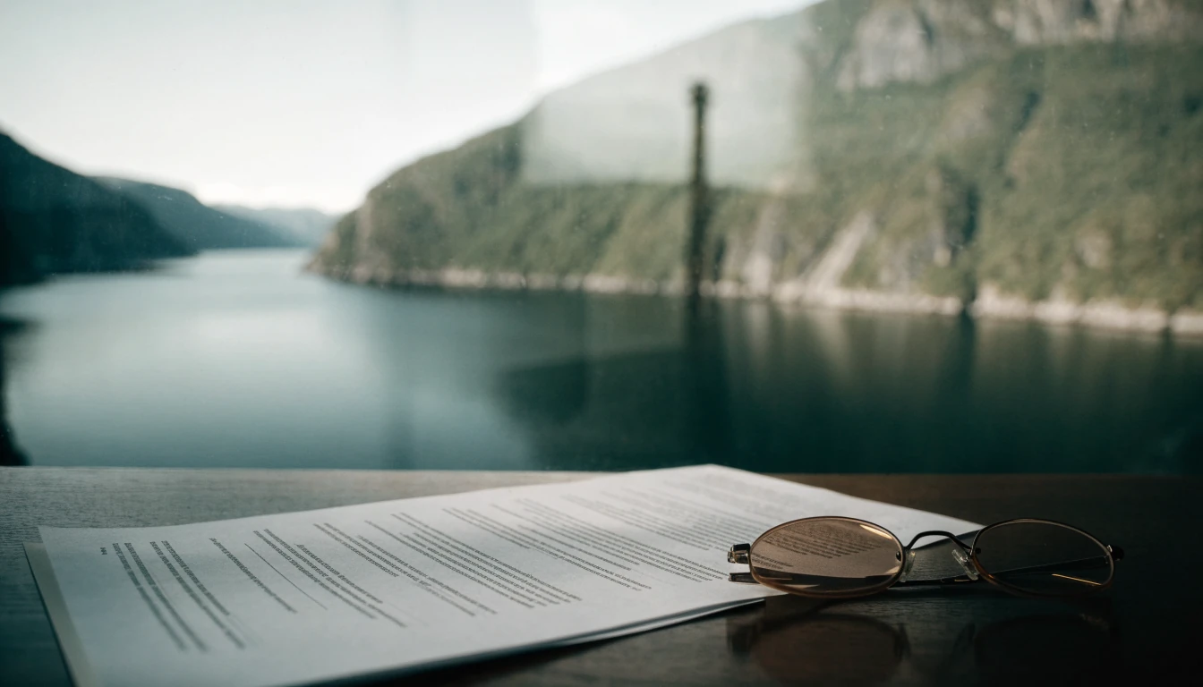 Briller og et utskrevet dokument på et skrivebord foran et norsk fjordvindu