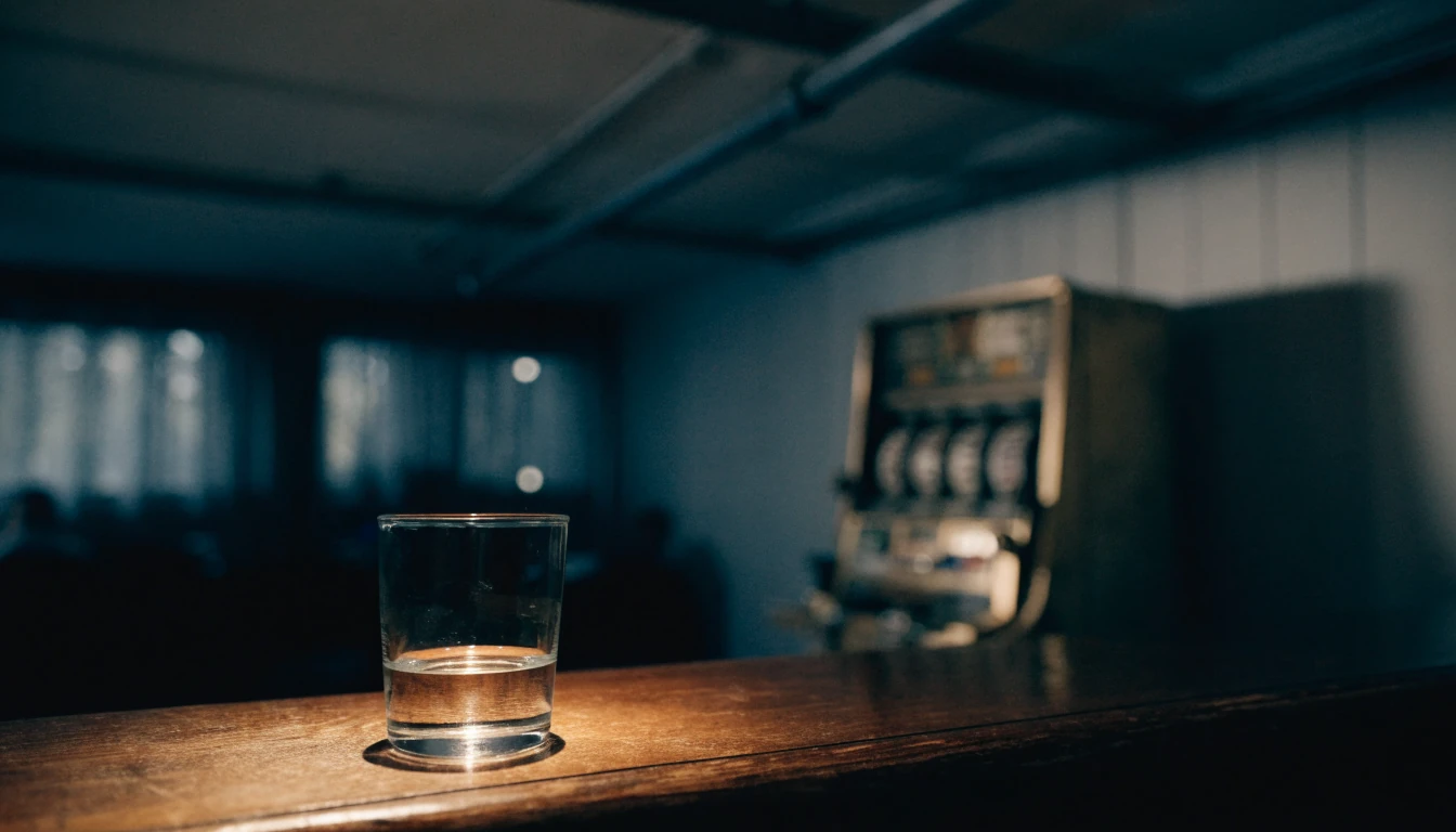 Dempet belysning på en norsk bar med en gammel spilleautomat i bakgrunnen.